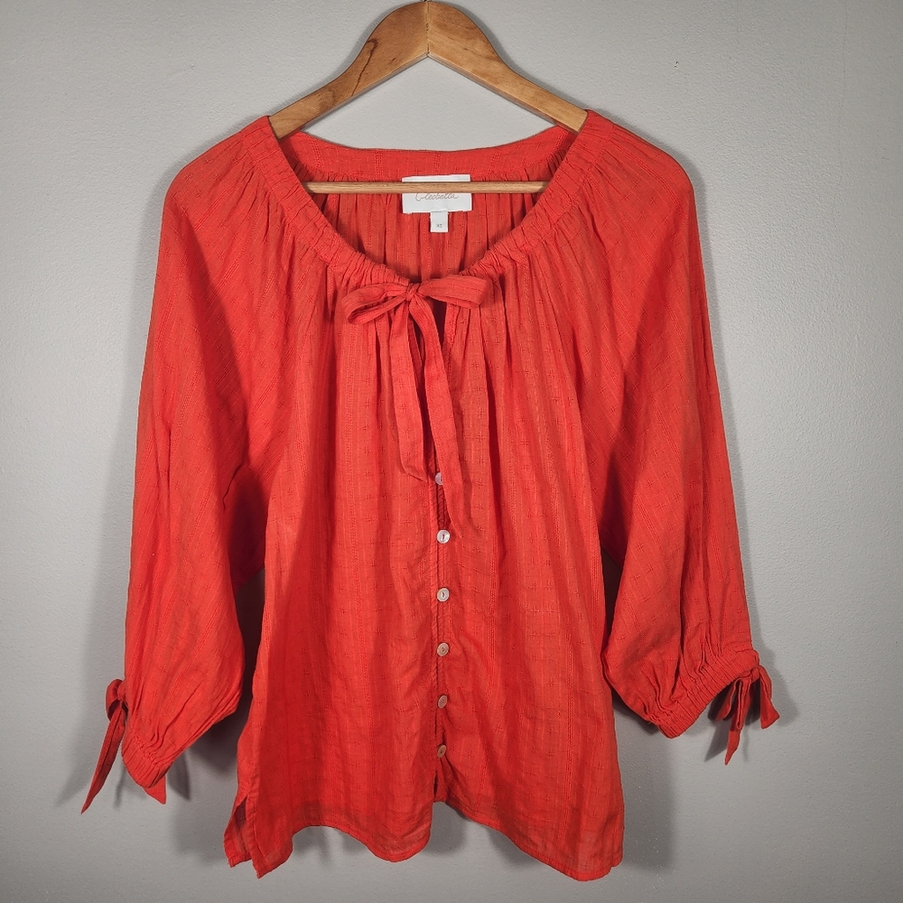 Cleobella Rylan Blouse Bright Cherry Color Drawstring Neckline Shell Button xs - Picture 4 of 11